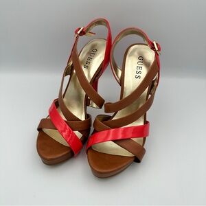 Guess Summer Love Heels Womens 7M Brown Leather Red Patent‎ Strappy Sandals